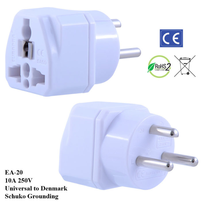 EA20_White / WA20, Denmark Plug Adapter with Schuko Ground EuroPlugs